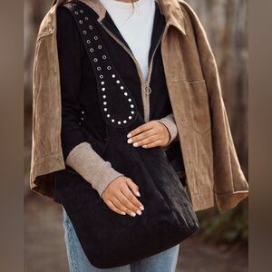 Free People Black Suede Studded Hobo Bag Large Boho Festival Slouchy Shoulder